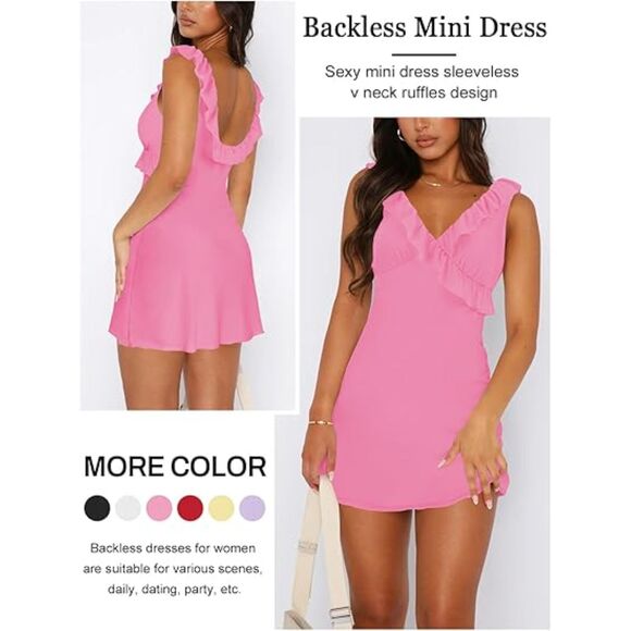 V Neck Sleeveless Backless Ruffles Fitted Mini Dress, M, 4O-149D006 - Picture 2 of 2